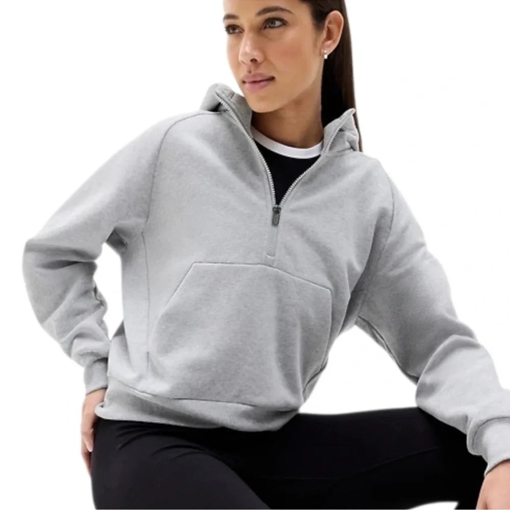 Athleta Easy Fleece 1/2 Zip Light Gray Hoodie Size Large NWT - Picture 1 of 6